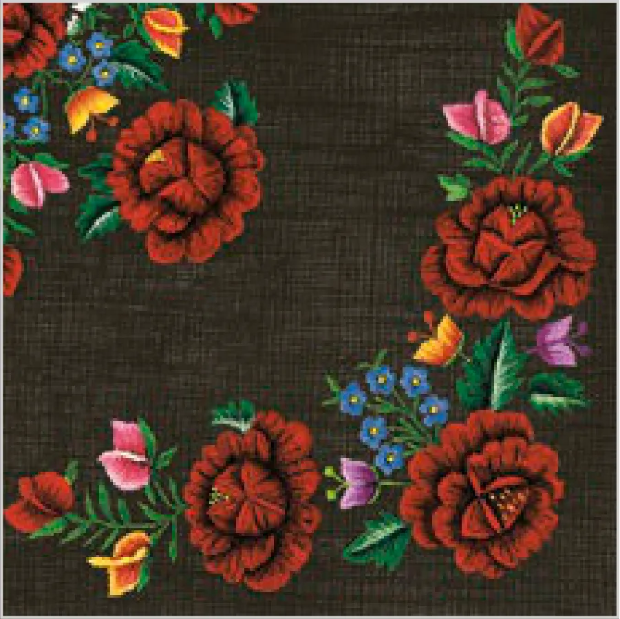 Rosas en Bordado Tradicional de Montaña sobre Negro · SL_OG_056302